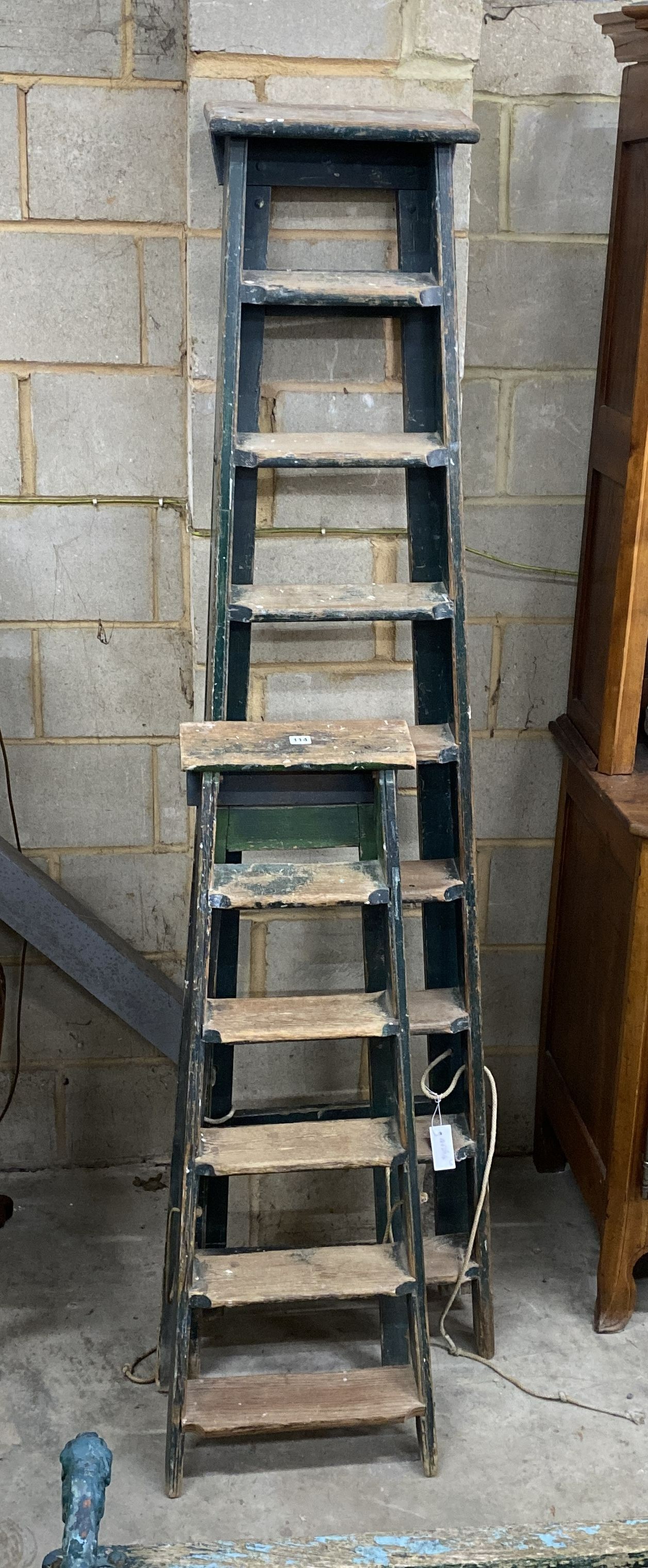 Two vintage painted pine step ladders, larger height 201cm